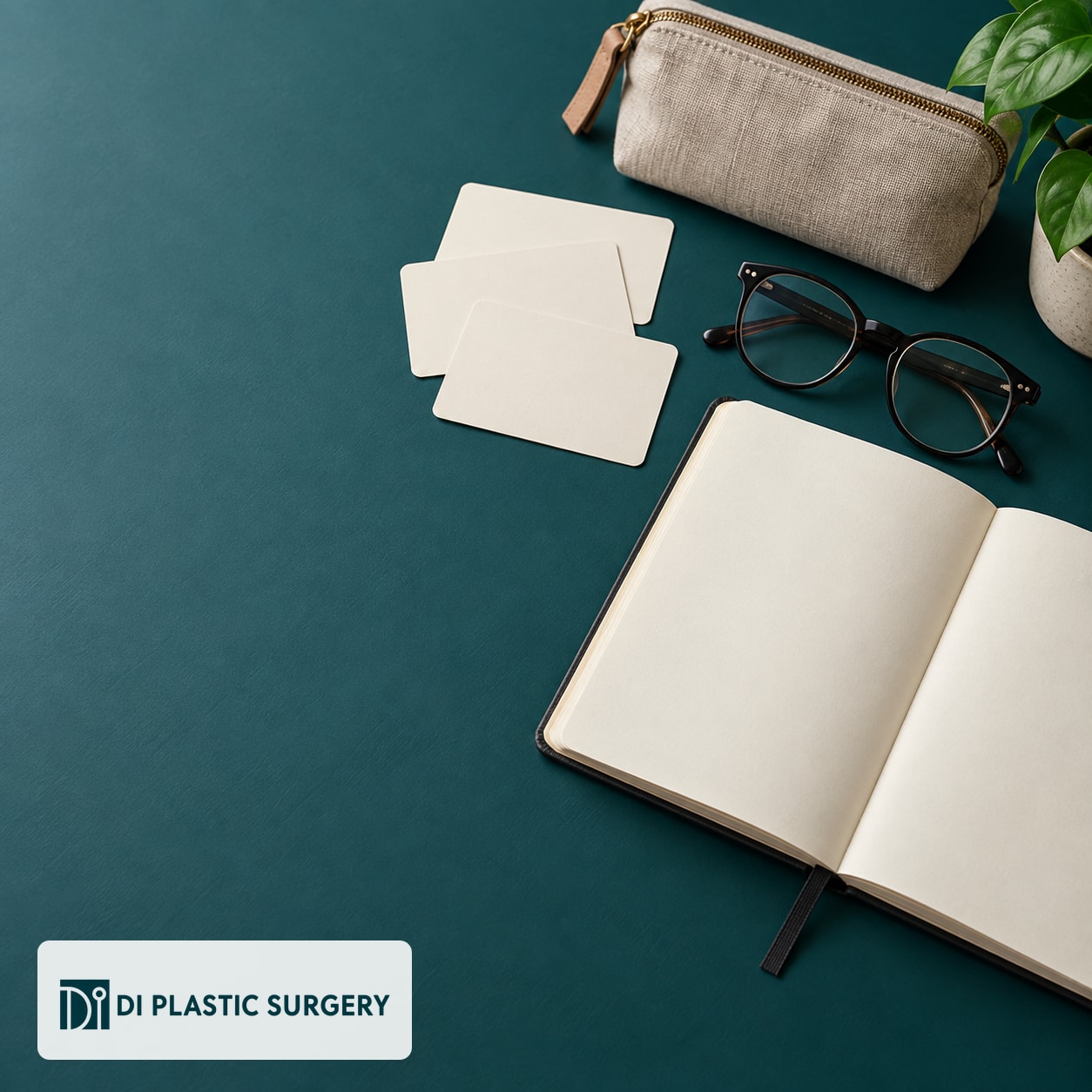 AI-generated blank planning cards and notebook beside glasses and a travel pouch