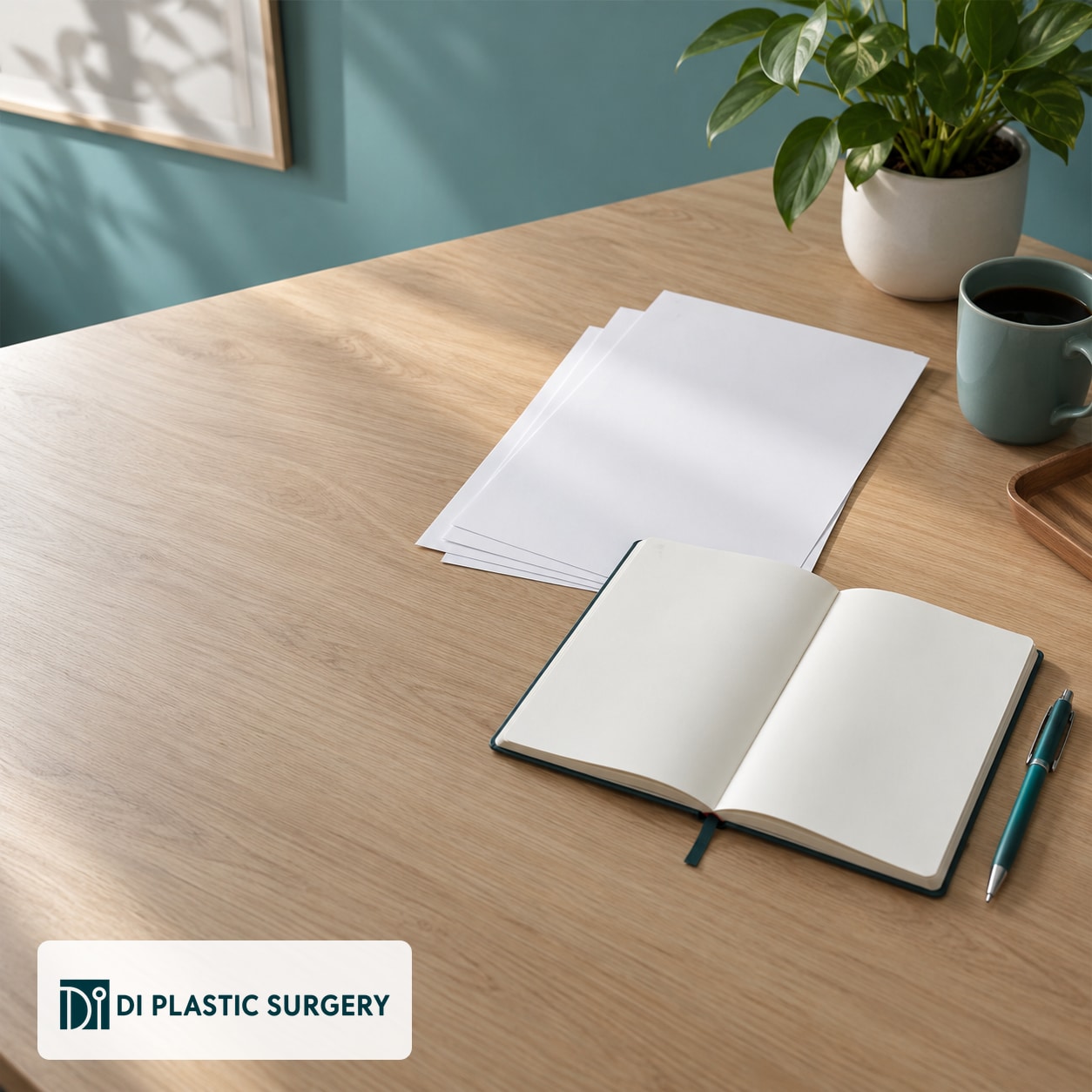 AI-generated blank notebook and documents for preparing VIP rhinoplasty consultation questions; not signed consent or medical records